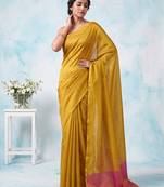 women bright yellow & pink solid tissue silk blend saree with zari border