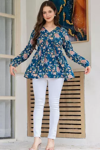 Womens blue self design cotton fabric kurtis 3/4 sleeves v-neck