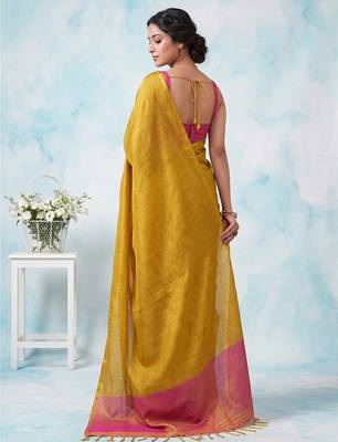 women bright yellow & pink solid tissue silk blend saree with zari border 2