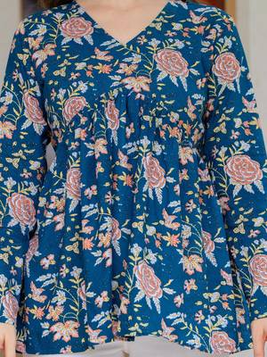 Womens blue self design cotton fabric kurtis 3/4 sleeves v-neck 5