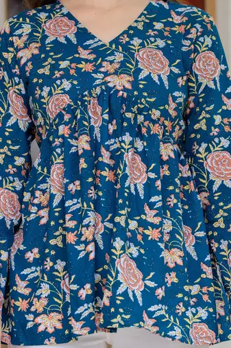 Womens blue self design cotton fabric kurtis 3/4 sleeves v-neck