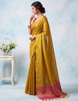 women bright yellow & pink solid tissue silk blend saree with zari border 3