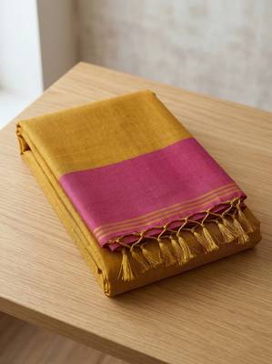 women bright yellow & pink solid tissue silk blend saree with zari border 4
