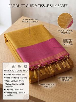 women bright yellow & pink solid tissue silk blend saree with zari border 5
