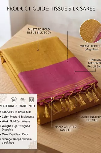 women bright yellow & pink solid tissue silk blend saree with zari border