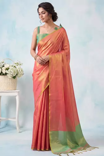 women coral peach & green solid tissue silk blend saree with contrast border