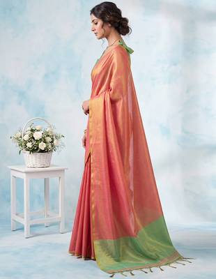 women coral peach & green solid tissue silk blend saree with contrast border 3