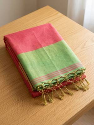 women coral peach & green solid tissue silk blend saree with contrast border 4