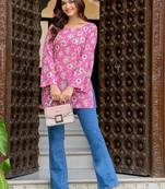 Womens pink self design cotton fabric kurtis 3/4 sleeves square neck