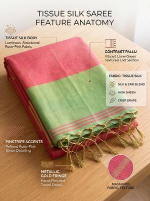 women coral peach & green solid tissue silk blend saree with contrast border 5