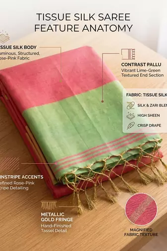 women coral peach & green solid tissue silk blend saree with contrast border