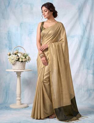 women beige & olive green solid tissue silk blend saree with zari border 1