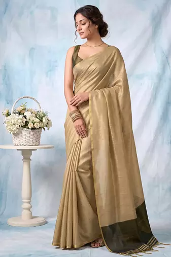 women beige & olive green solid tissue silk blend saree with zari border