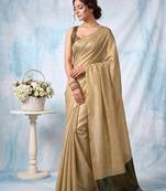 women beige & olive green solid tissue silk blend saree with zari border