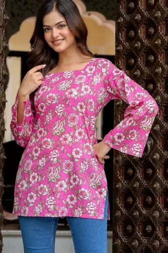 Womens pink self design cotton fabric kurtis 3/4 sleeves square neck