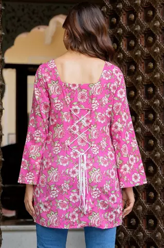 Womens pink self design cotton fabric kurtis 3/4 sleeves square neck