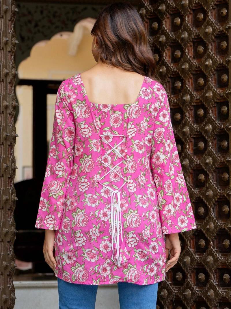 Womens pink self design cotton fabric kurtis 3/4 sleeves square neck