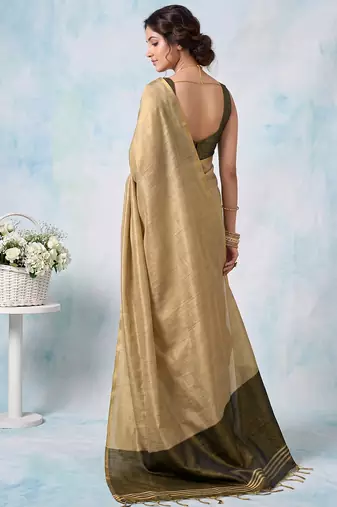 women beige & olive green solid tissue silk blend saree with zari border