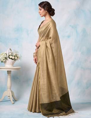 women beige & olive green solid tissue silk blend saree with zari border 3