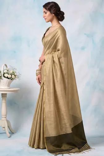 women beige & olive green solid tissue silk blend saree with zari border