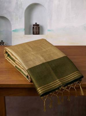 women beige & olive green solid tissue silk blend saree with zari border 4
