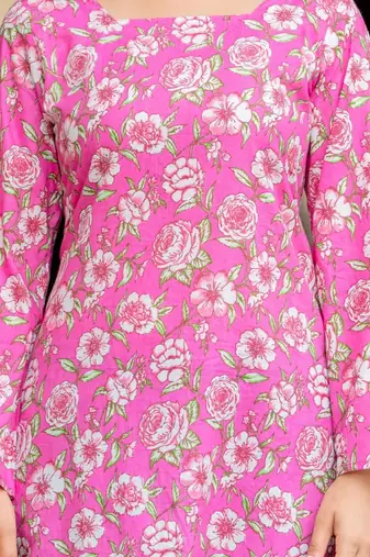 Womens pink self design cotton fabric kurtis 3/4 sleeves square neck