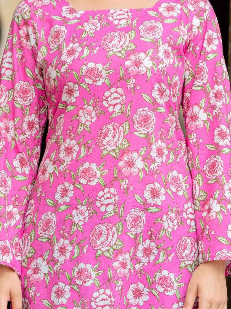 Womens pink self design cotton fabric kurtis 3/4 sleeves square neck