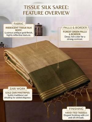 women beige & olive green solid tissue silk blend saree with zari border 5