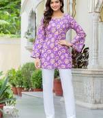 Womens purple self design cotton fabric kurtis 3/4 sleeves square neck