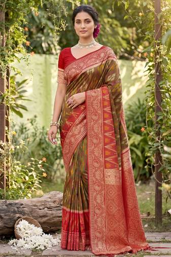 mhendi green pochampalli silk blend saree 