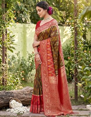 mhendi green pochampalli silk blend saree  2