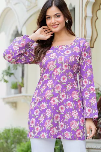 Womens purple self design cotton fabric kurtis 3/4 sleeves square neck