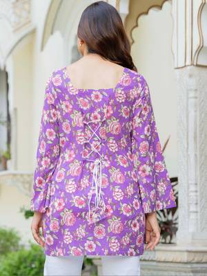 Womens purple self design cotton fabric kurtis 3/4 sleeves square neck 3