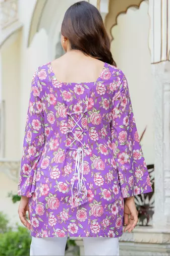 Womens purple self design cotton fabric kurtis 3/4 sleeves square neck