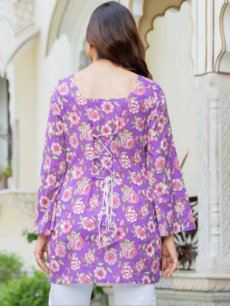 Womens purple self design cotton fabric kurtis 3/4 sleeves square neck