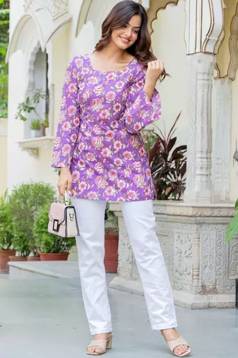 Womens purple self design cotton fabric kurtis 3/4 sleeves square neck