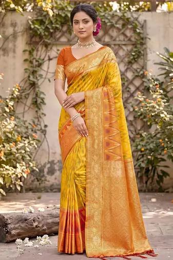 yellow pochampalli silk blend saree 