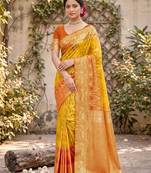 yellow pochampalli silk blend saree 