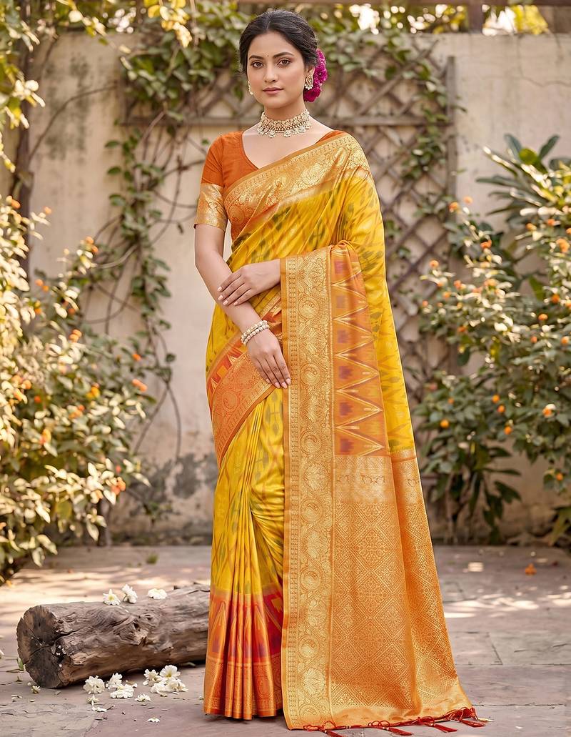 yellow pochampalli silk blend saree 
