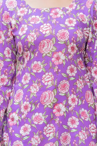 Womens purple self design cotton fabric kurtis 3/4 sleeves square neck