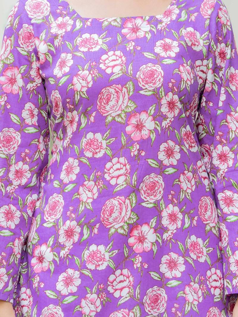 Womens purple self design cotton fabric kurtis 3/4 sleeves square neck