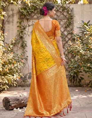 yellow pochampalli silk blend saree  3