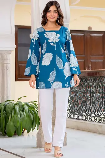 Womens blue self design cotton fabric kurtis 3/4 sleeves square neck