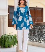 Womens blue self design cotton fabric kurtis 3/4 sleeves square neck