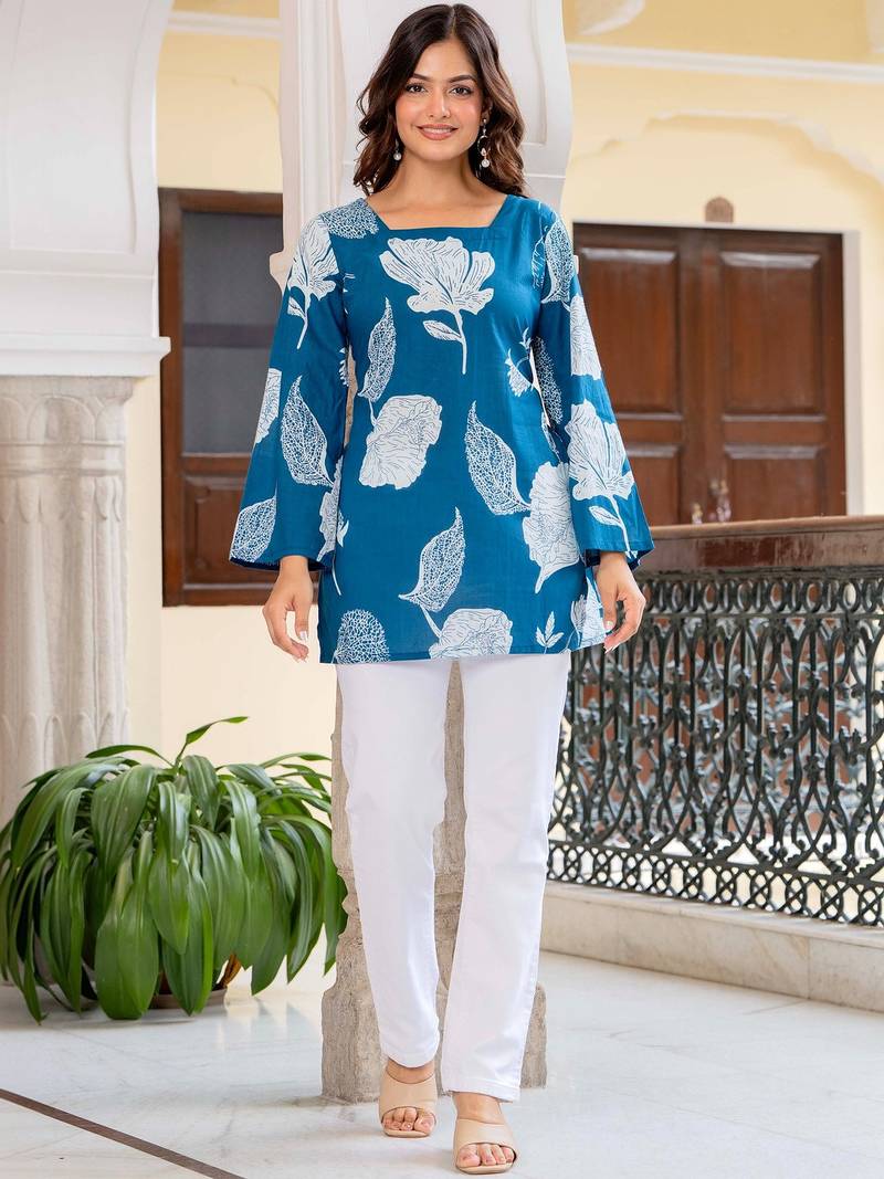 Womens blue self design cotton fabric kurtis 3/4 sleeves square neck