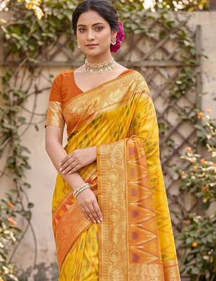 yellow pochampalli silk blend saree  4