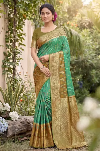 green pochampalli silk blend saree 