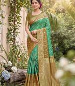 green pochampalli silk blend saree 
