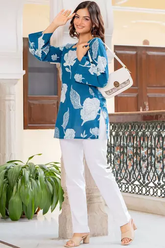 Womens blue self design cotton fabric kurtis 3/4 sleeves square neck