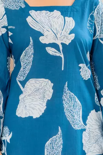 Womens blue self design cotton fabric kurtis 3/4 sleeves square neck